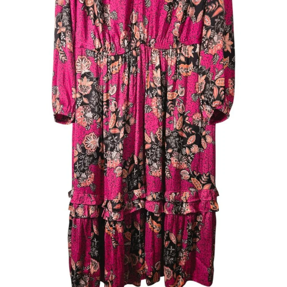 Lane Bryant 18 Dress Maxi Tiered Elastic Waist Ruffles Pink Brown